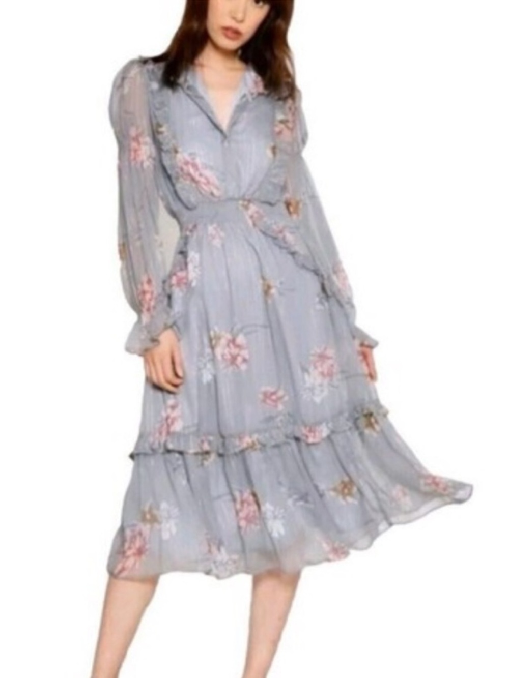 Walter Baker Ahura Floral Ruffle Midi Dress, Size L, NWT